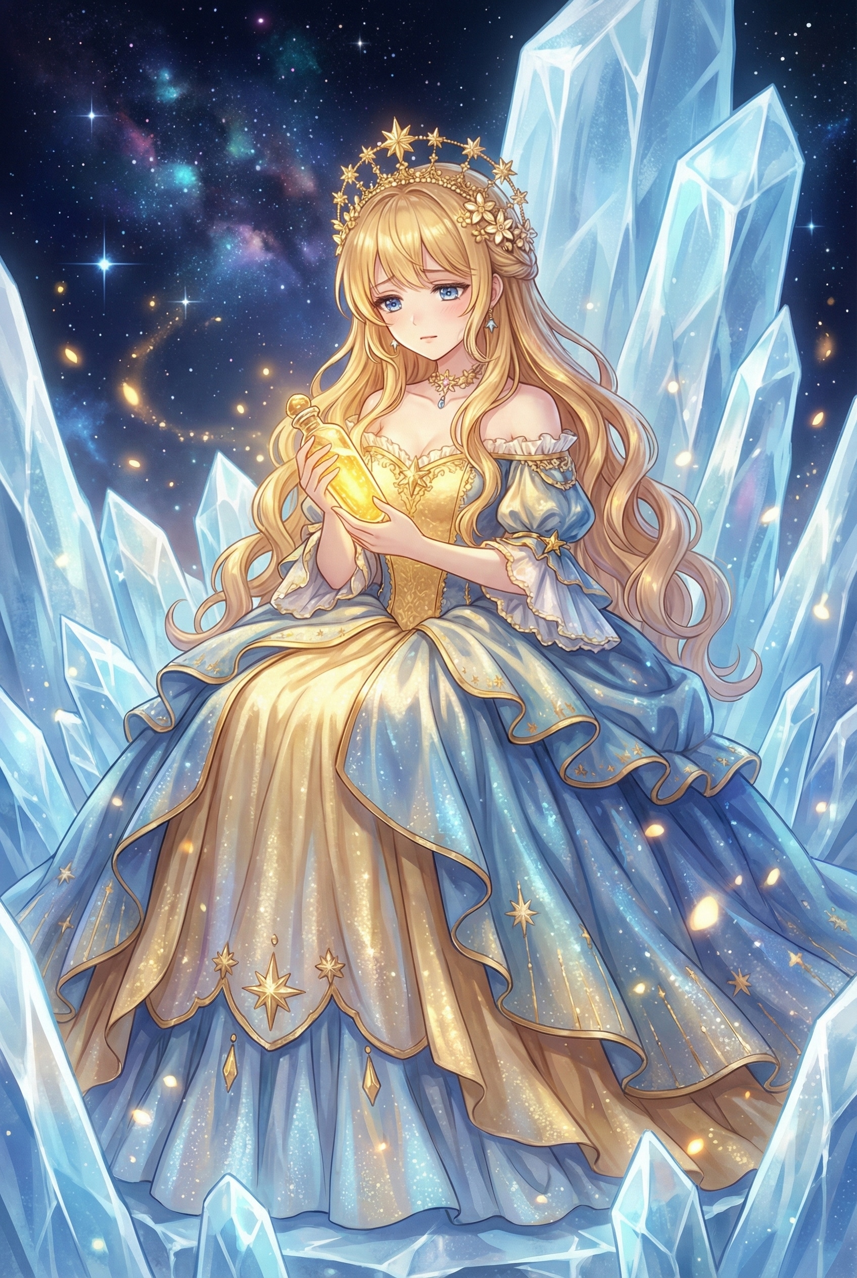 氷晶の星冠姫、宵闇に抱く黄金の雫 | の人気AIイラスト・グラビア