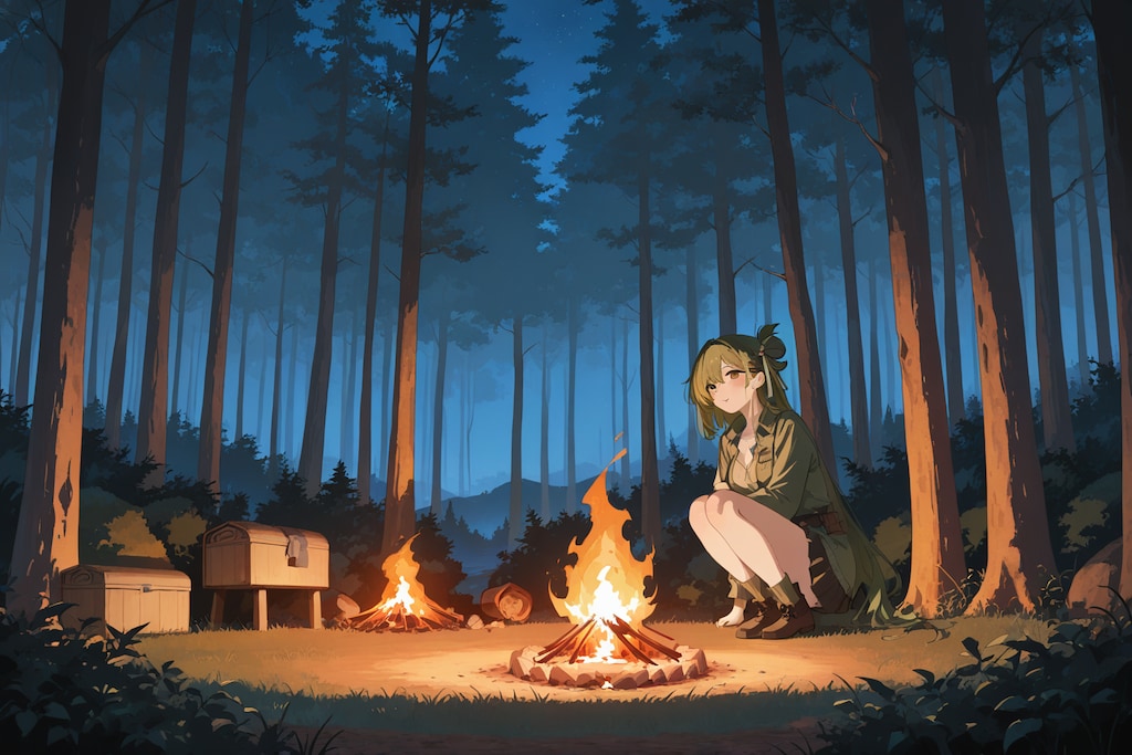 夜、森で焚火
