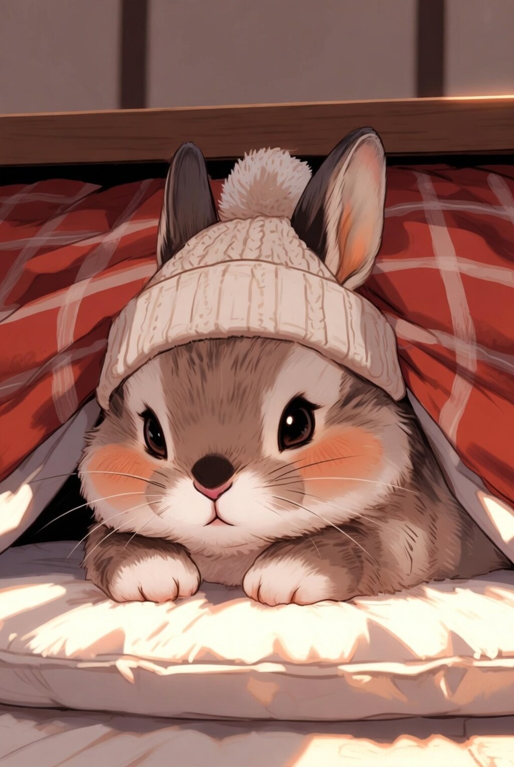 ニット帽をかぶってこたつに入って頬を赤らめるでかいウサギ