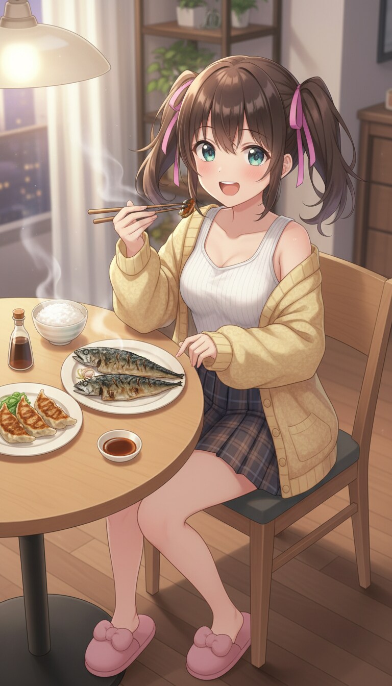 サバとギョウザを食べる