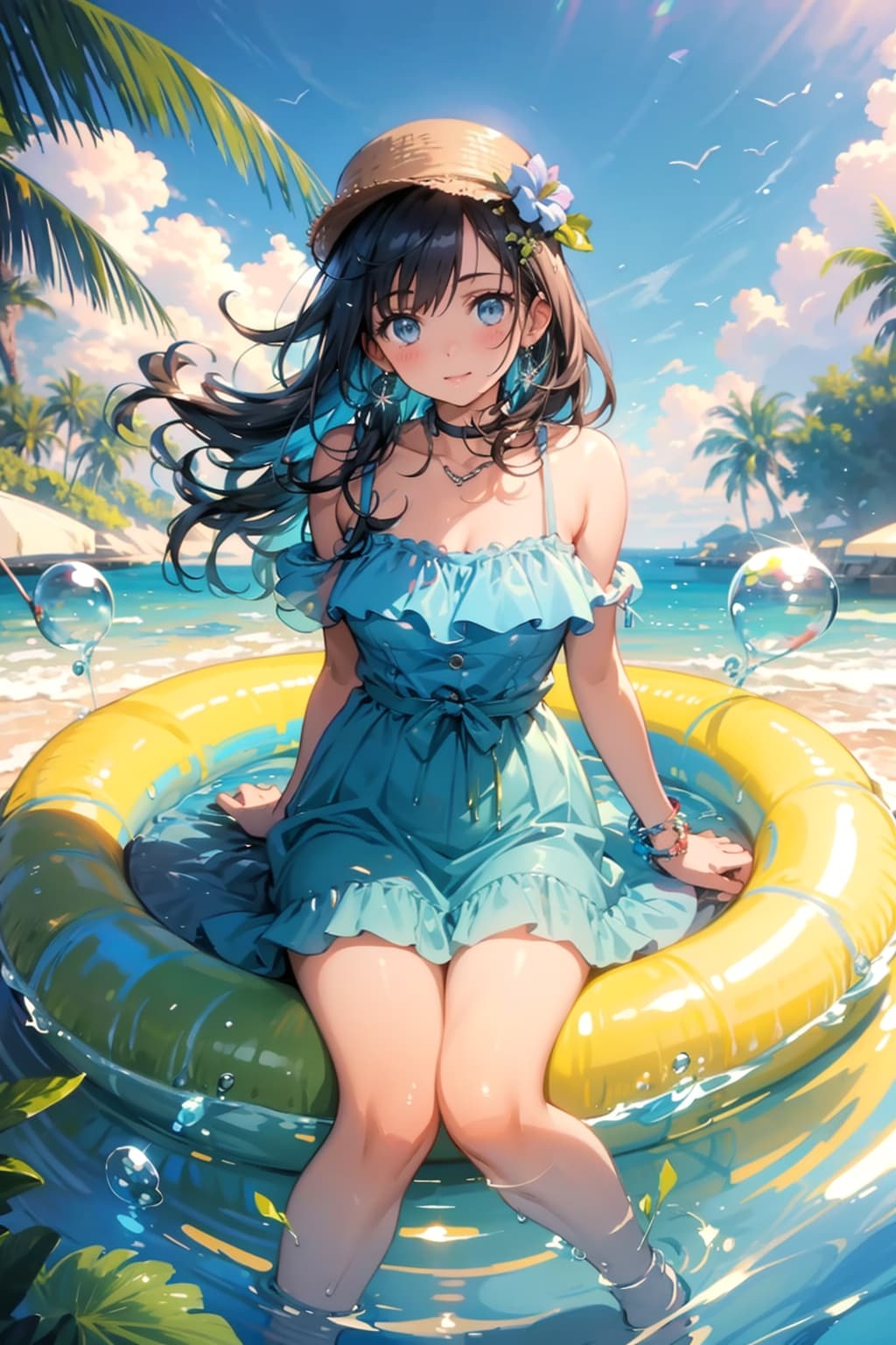 大きな浮き輪に座る女の子