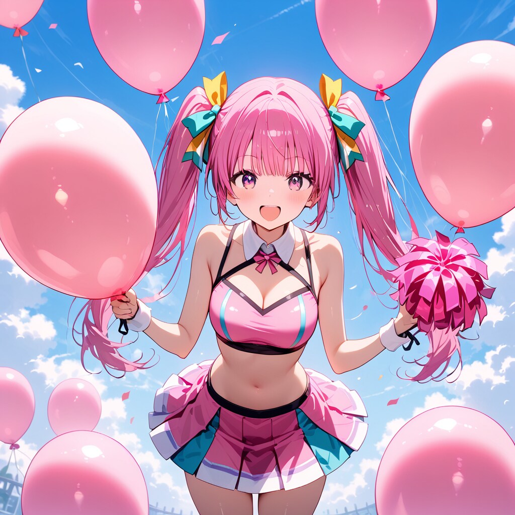 いっぱいピンクの風船を膨らませて遊ぶピンク髪ツインテールのチアガールの美女