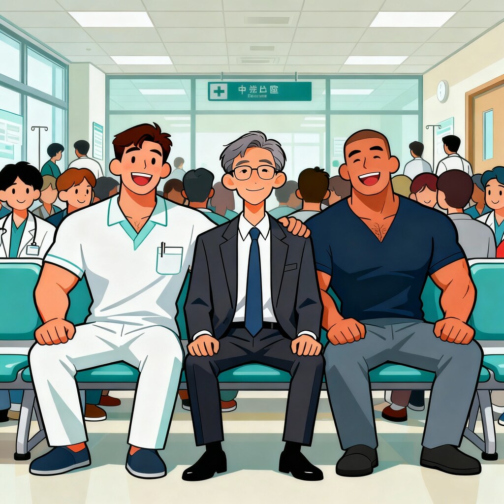 若者に挟まれるおじさん