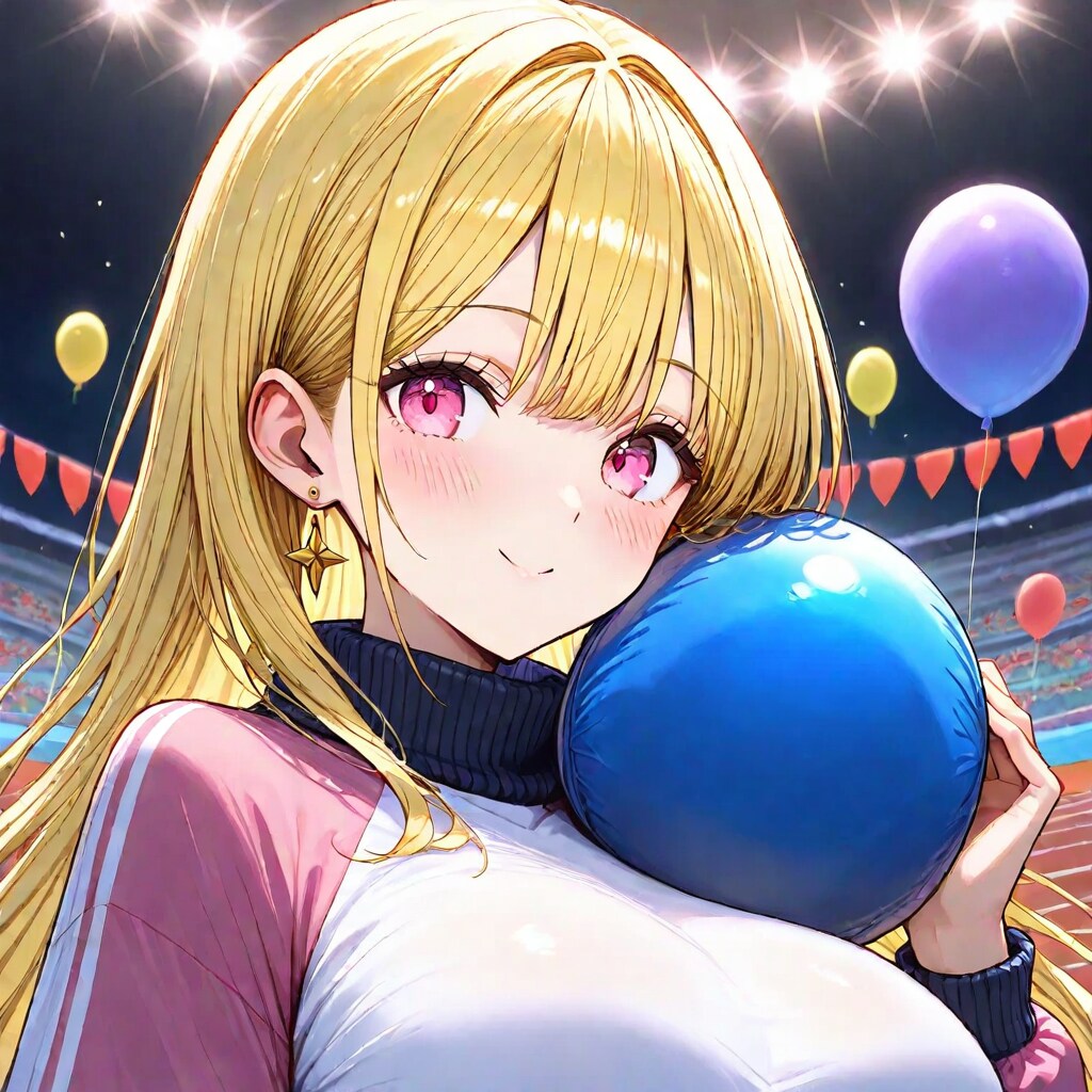 競技場で風船を膨らませるブロンドロングの美女 | の人気AIイラスト・グラビア