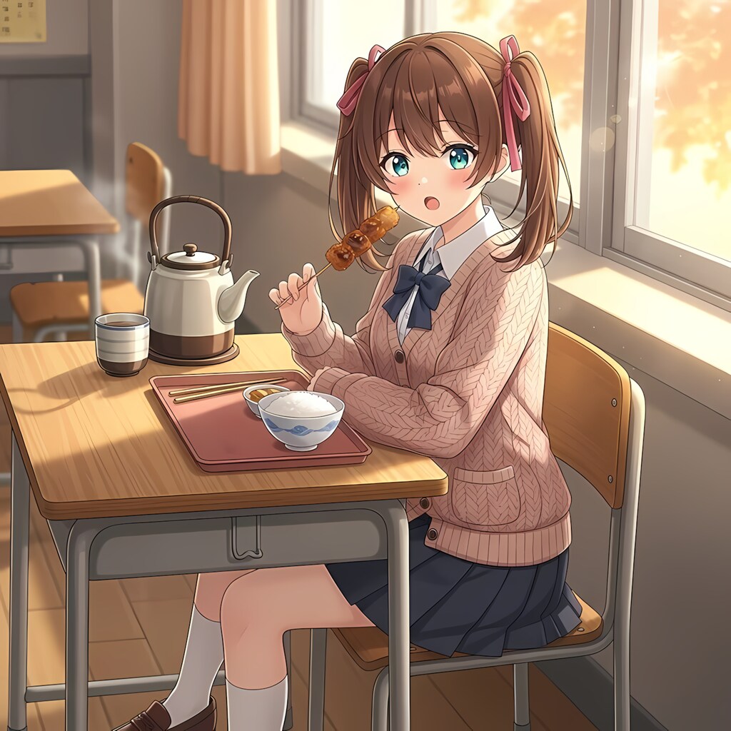 給食で牛串カツを食べる