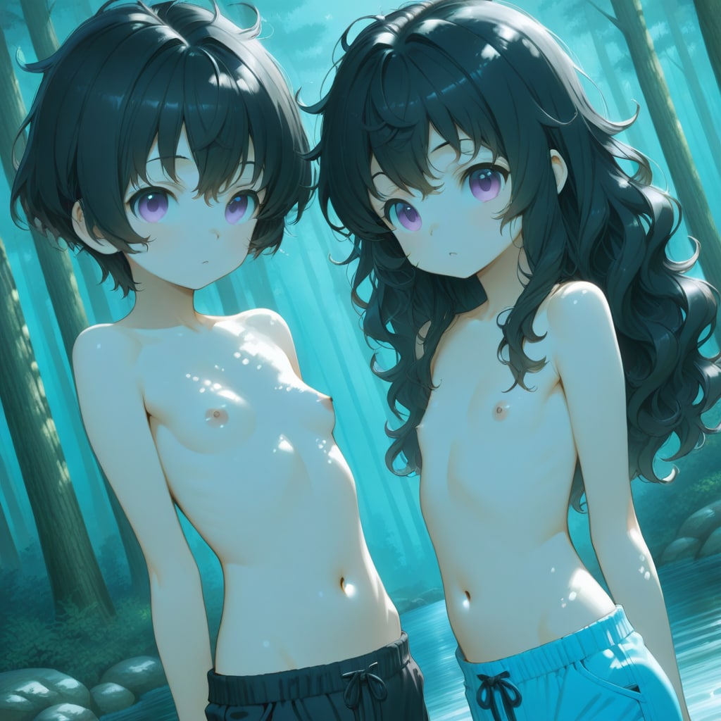 森の水辺に立つ男女