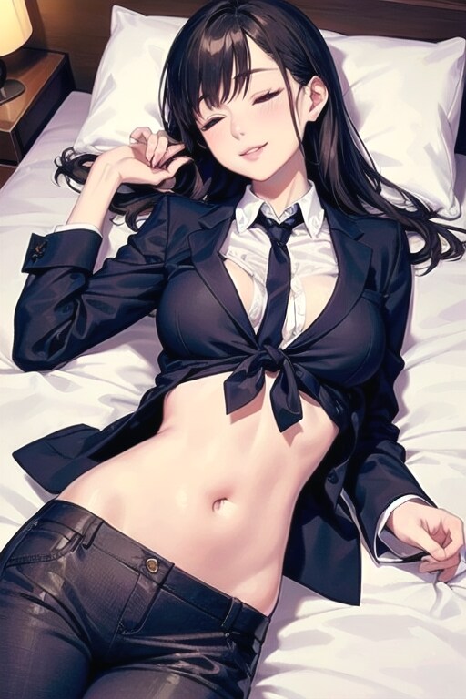 へそ出しスーツOLのホテルベッド
