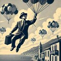 油絵白黒シルエットファンタジー、風船で空を飛ぶサラリーマンのおじさん 4枚目