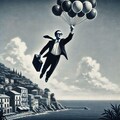 油絵白黒シルエットファンタジー、風船で空を飛ぶサラリーマンのおじさん 5枚目