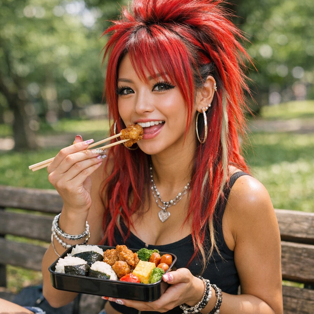 弁当を食べる赤髪の人