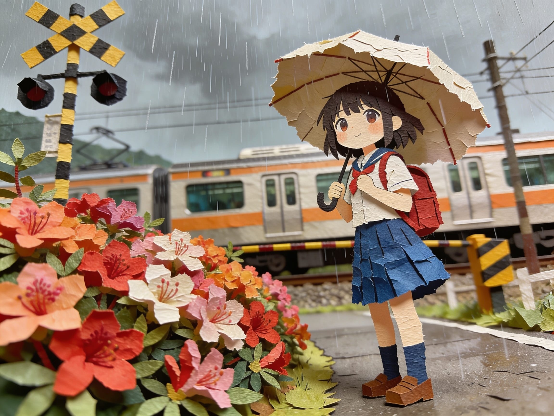 踏切とツツジと雨 | の人気AIイラスト・グラビア