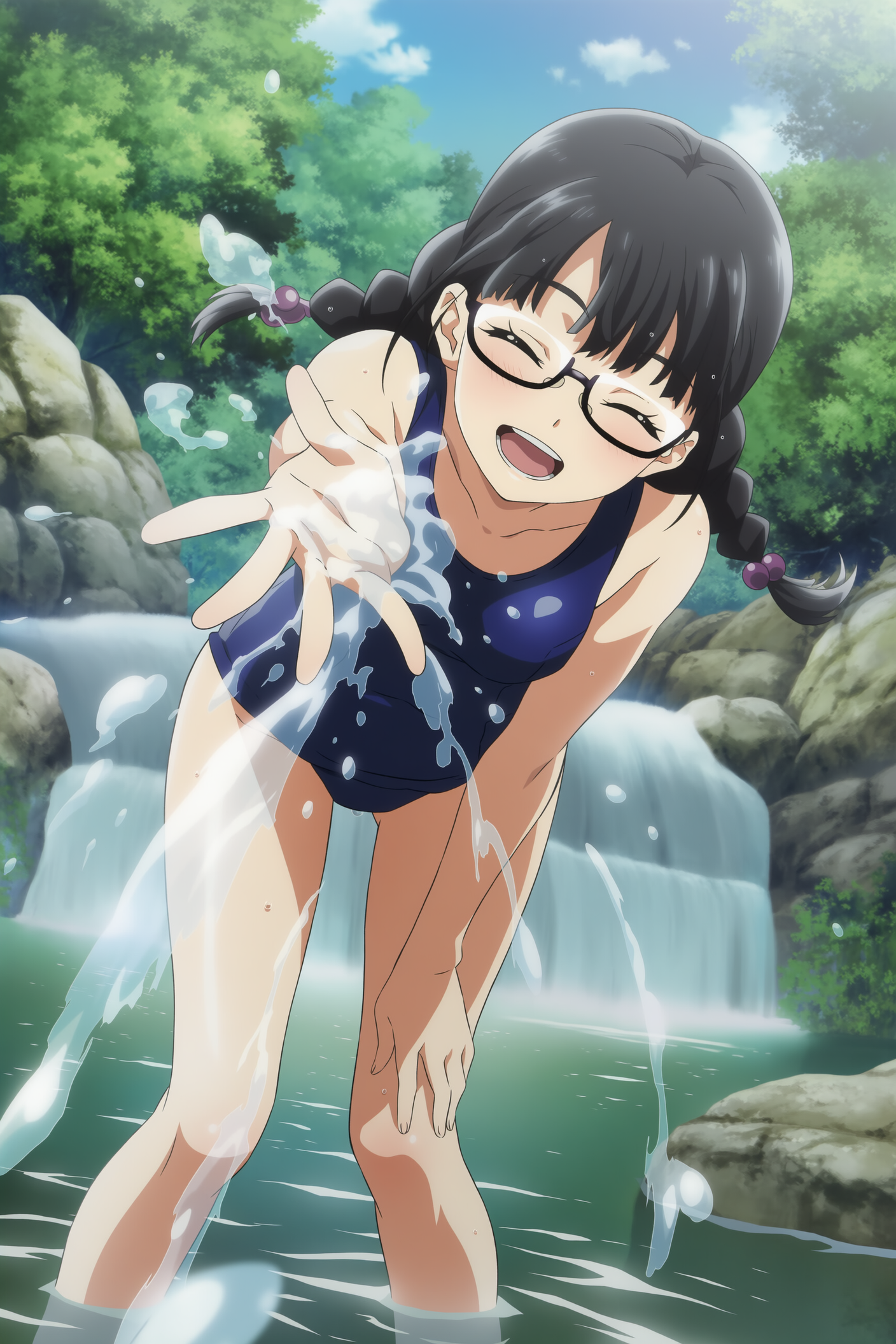 スク水で川遊びする黒髪おさげ眼鏡っ娘さん