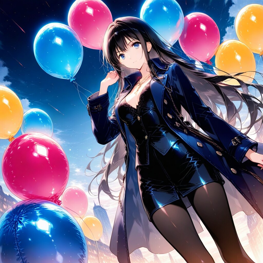 いっぱい風船を持つ黒髪ロングのロングコート着た美女。