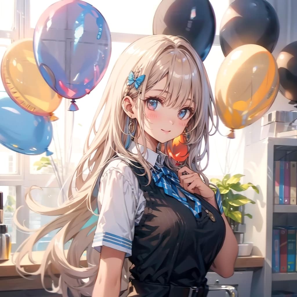 いっぱい色とりどりの風船を持つ白い髪ロングの美術館の美女職員さん