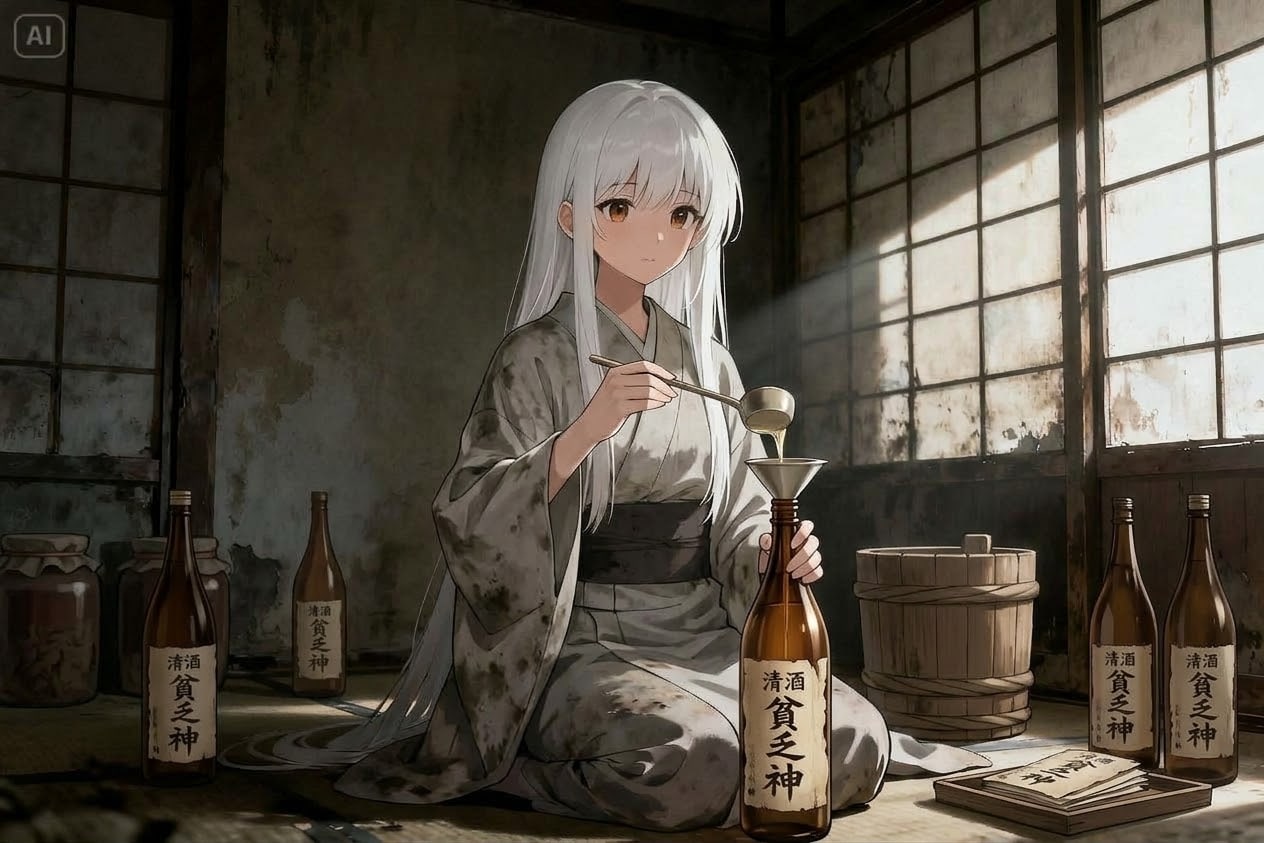 お酒を瓶に詰める貧乏神 | の人気AIイラスト・グラビア