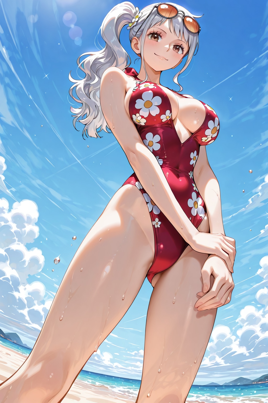 花柄のハイレグ水着