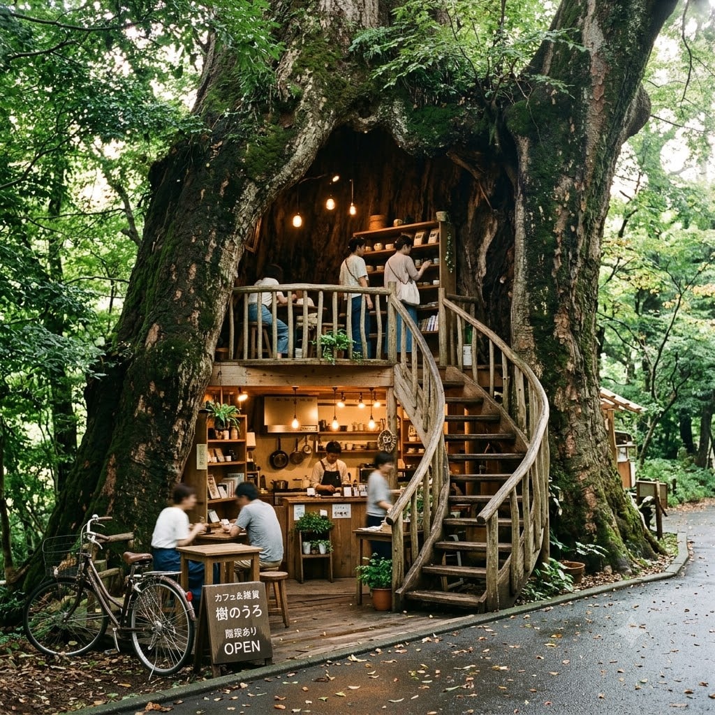 木のうろの中の店とバス停