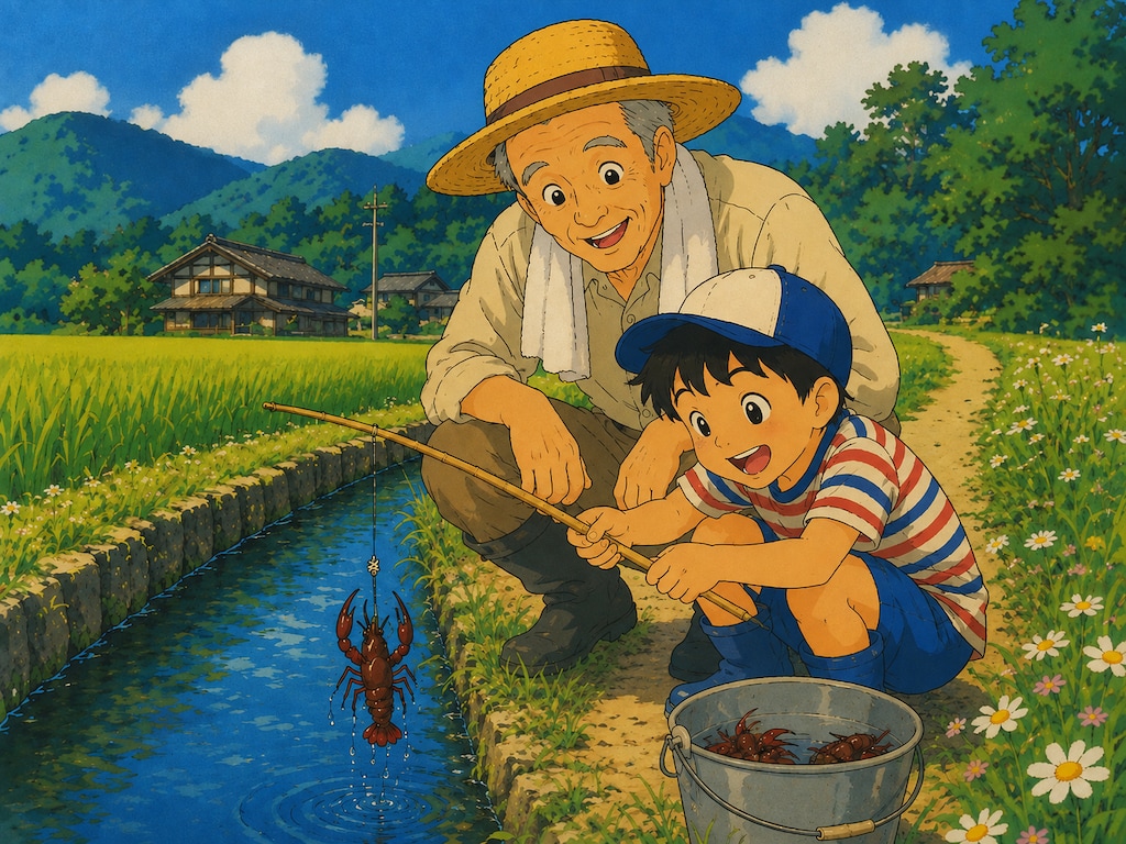 祖父とザリガニ釣り