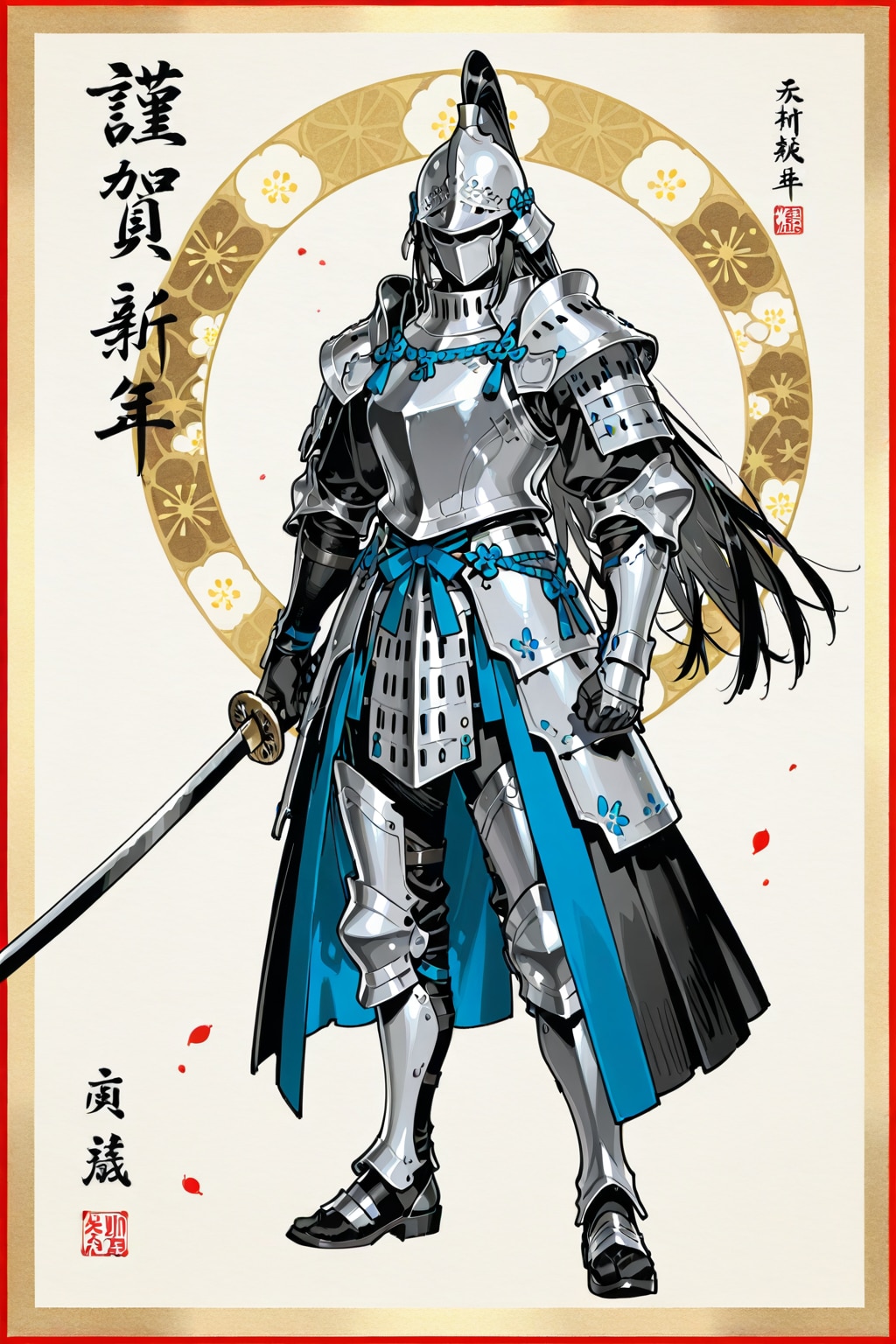 日本画で長い黒髪の姫侍武将がフルプレートアーマーを着た姿の立姿全身像