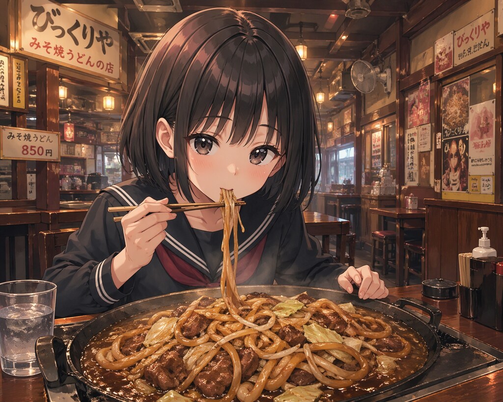 味噌焼きうどんを食べている女の子