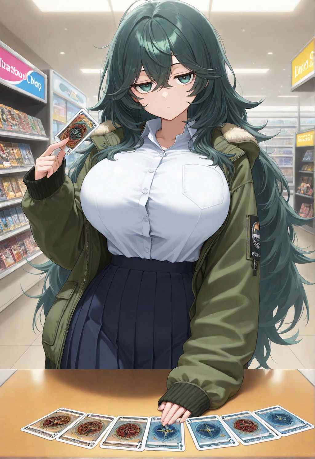 カードゲームをプレイするジト目萌え袖さん