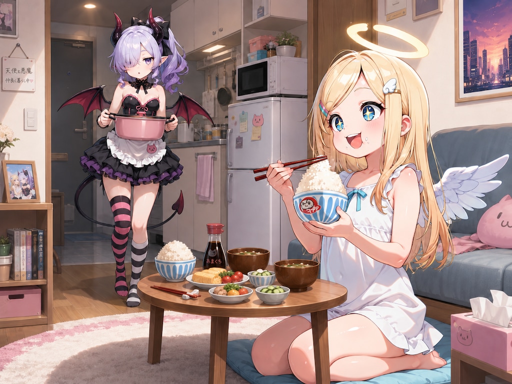 食いしん坊天使ちゃんと意外に家庭的なダウナー系小悪魔ちゃん