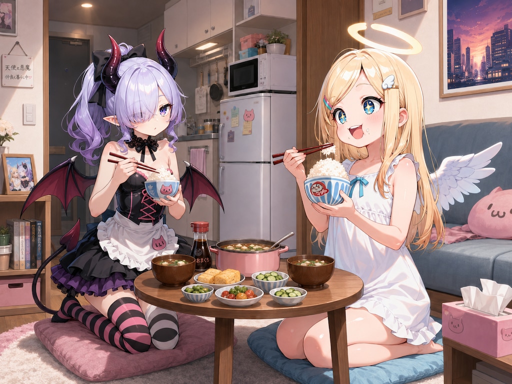 食いしん坊天使ちゃんと意外に家庭的なダウナー系小悪魔ちゃん