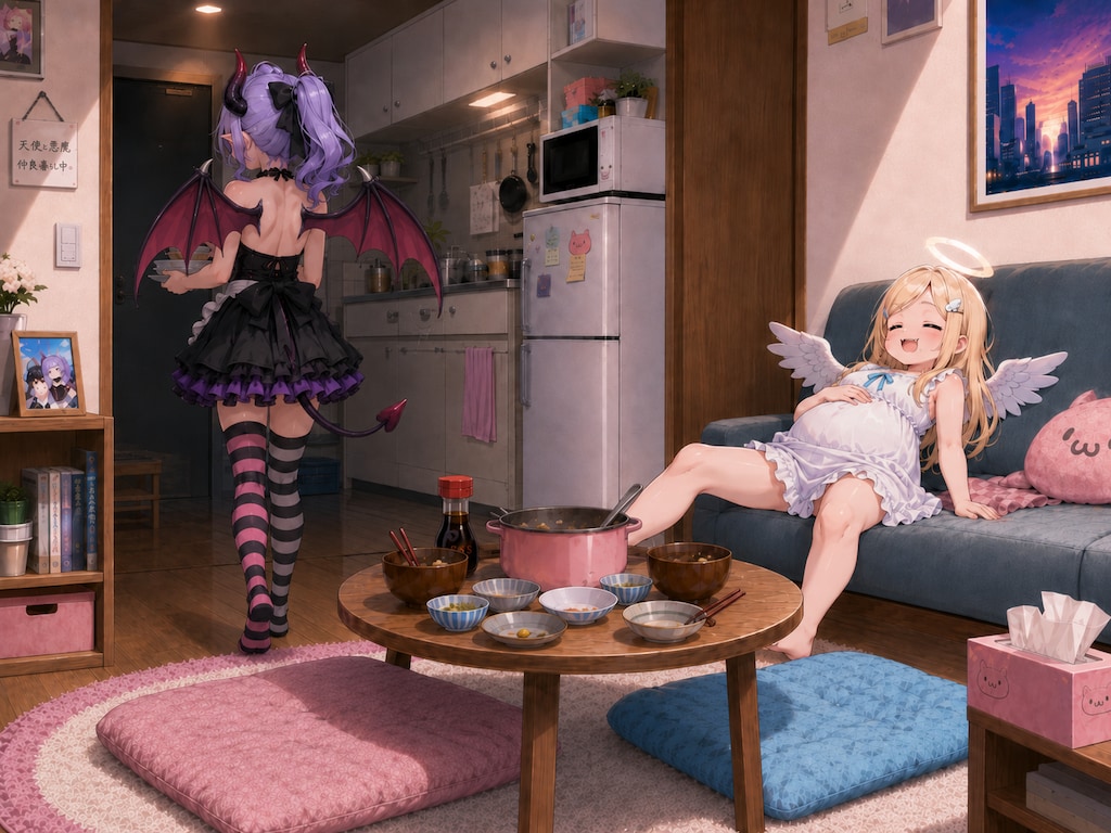 食いしん坊天使ちゃんと意外に家庭的なダウナー系小悪魔ちゃん
