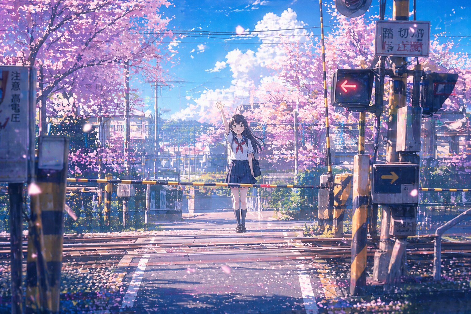 踏切、桜咲く季節に