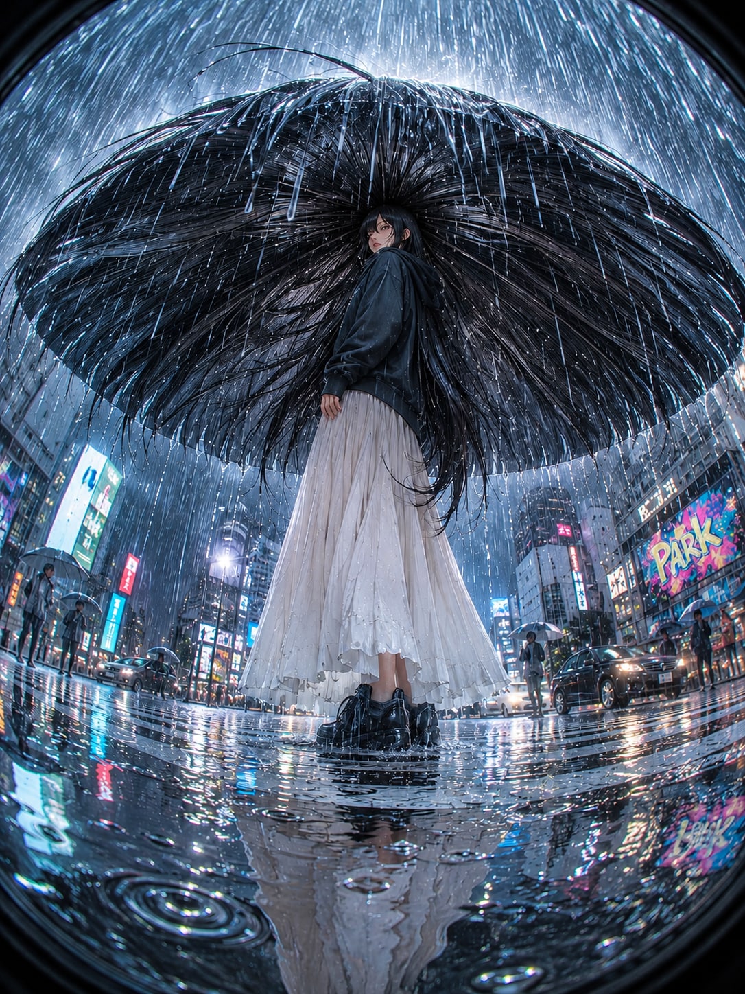 髪傘(裾ビショ濡れ)