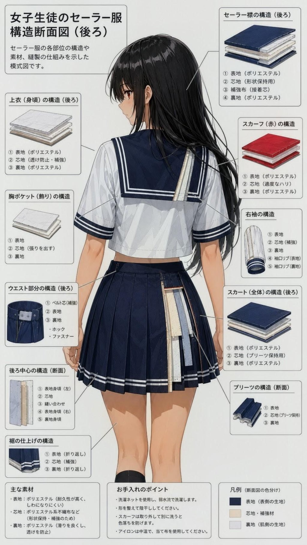 複合繊維層解析によるセーラー型学生制服正面後面構造概論・試製乙女型