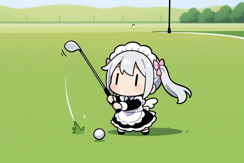 ゴルフで奮闘するチビメイドさん