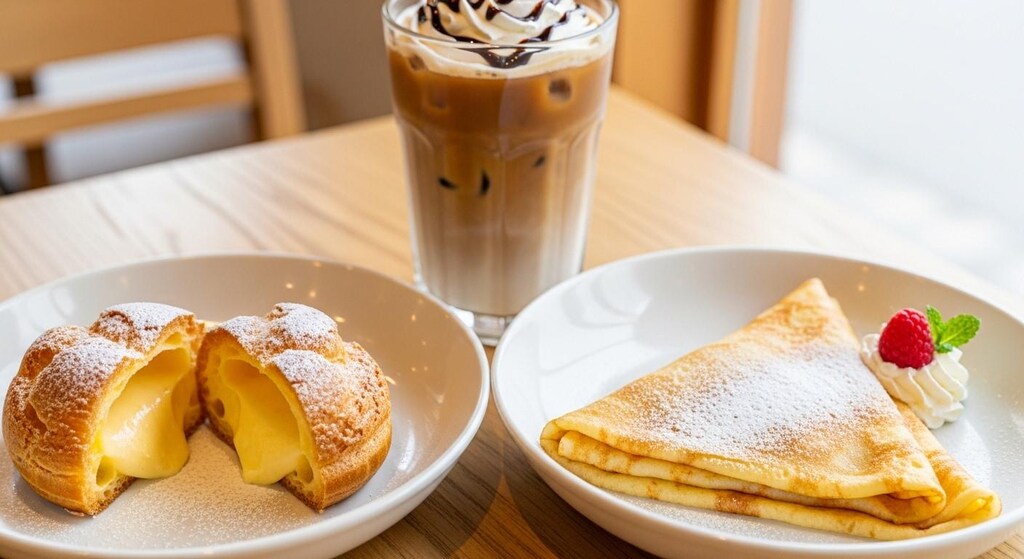 デザートのシュークリームとクレープのセット