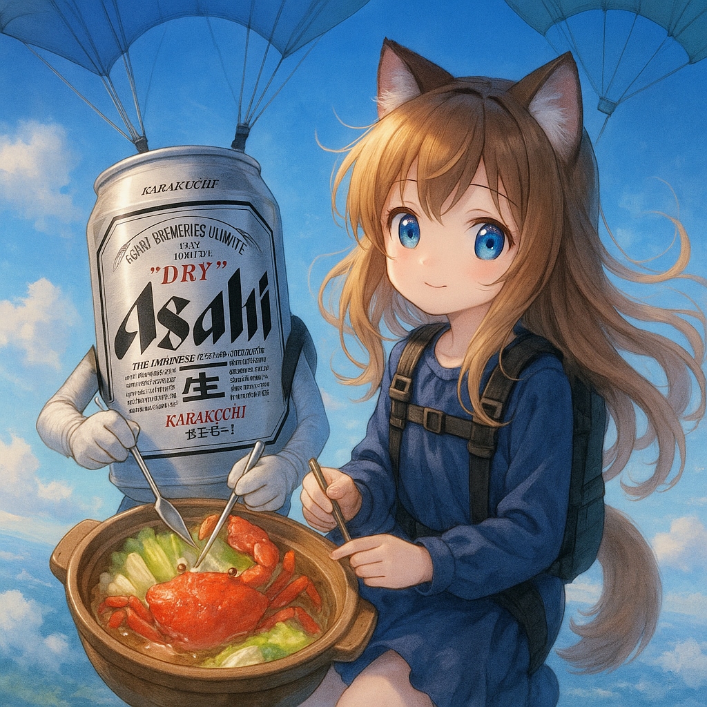 スカイダイビング中に蟹鍋を食べる小さな女の子