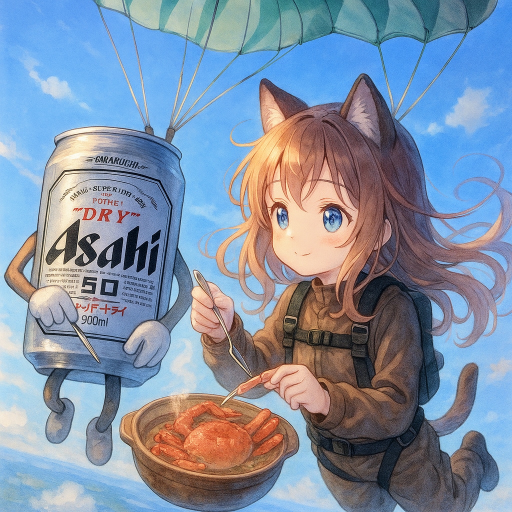 スカイダイビング中に蟹鍋を食べる小さな女の子