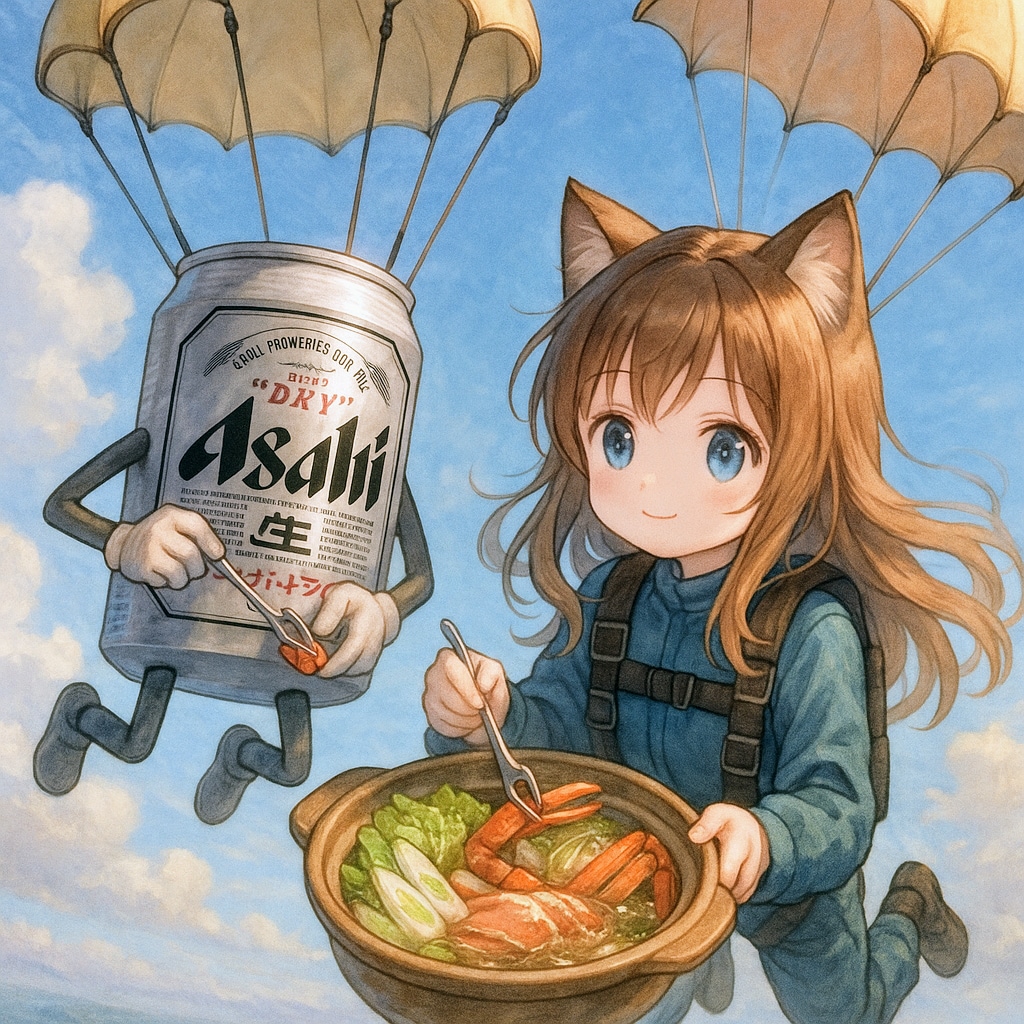 スカイダイビング中に蟹鍋を食べる小さな女の子