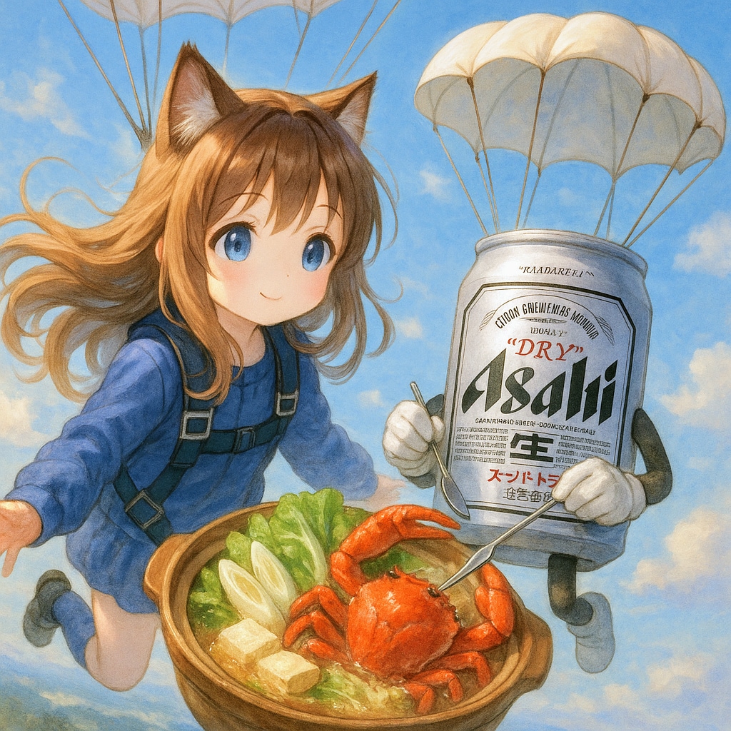 スカイダイビング中に蟹鍋を食べる小さな女の子