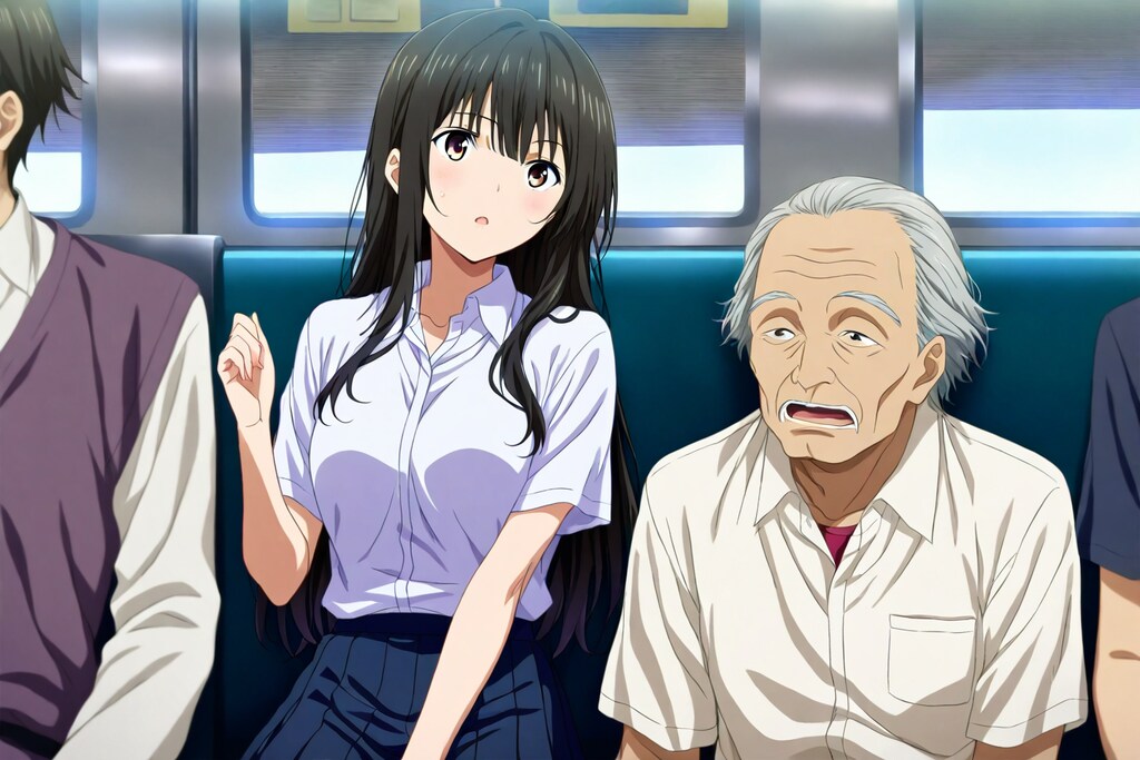 おじいさん「ちと、おじょうさん、孫のところへ行きたいんじゃがどこで降りればええんかのぅ？」女の子「えっと（どうしよう）」