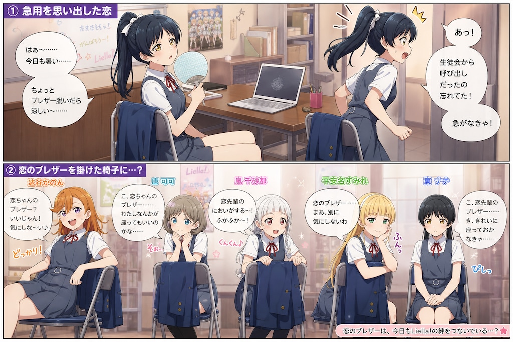 葉月恋の制服ブレザーを掛けた椅子に座るLiella!メンバーたちの反応