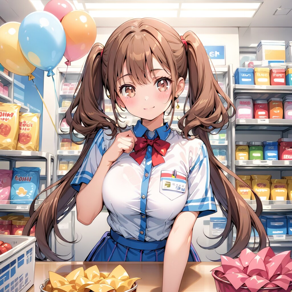 いっぱい色とりどりの風船を持つブラウンツインテールのコンビニ店員の美女 | の人気AIイラスト・グラビア