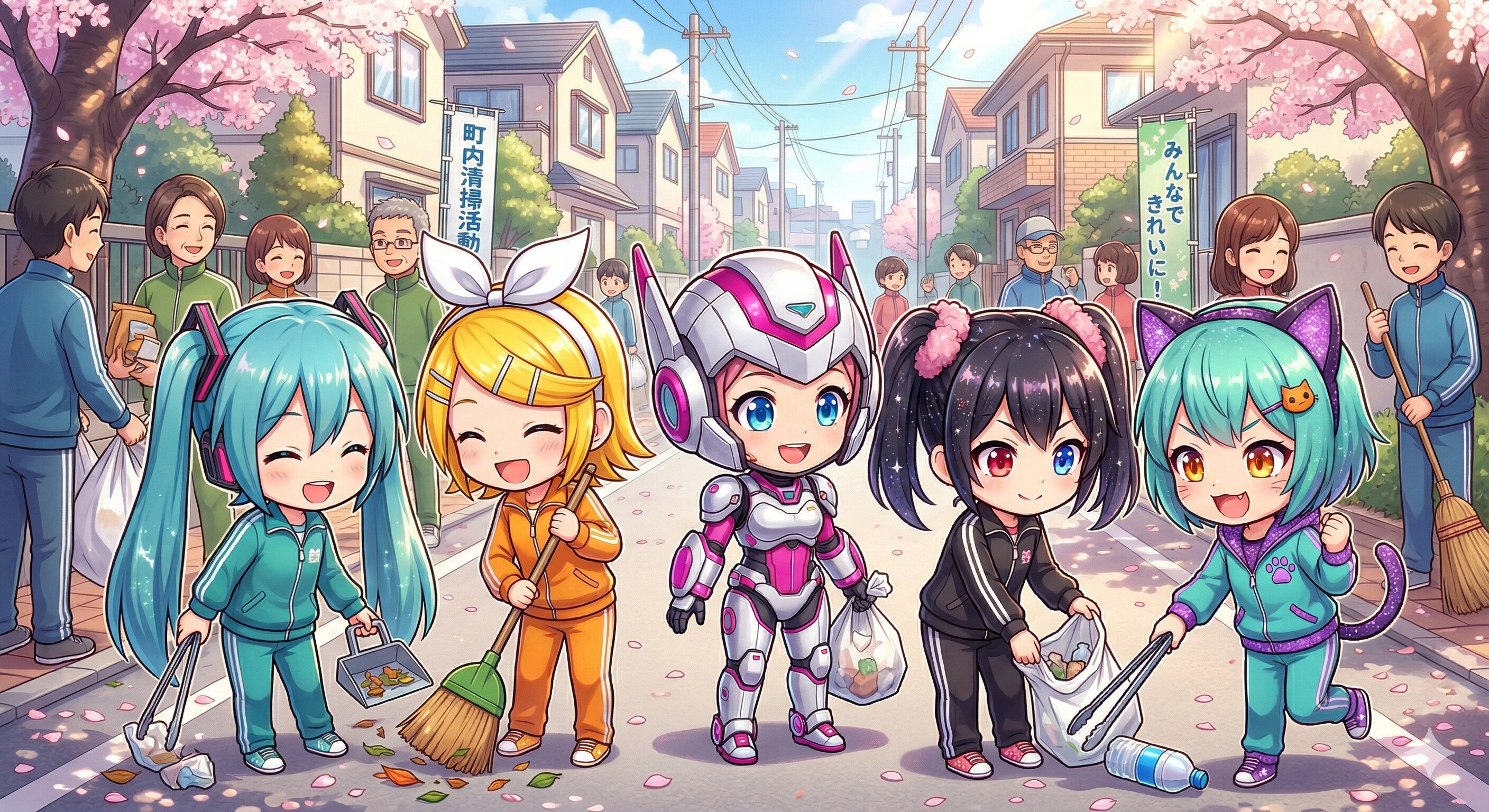 清掃活動に参加しているミクちゃん達 | の人気AIイラスト・グラビア