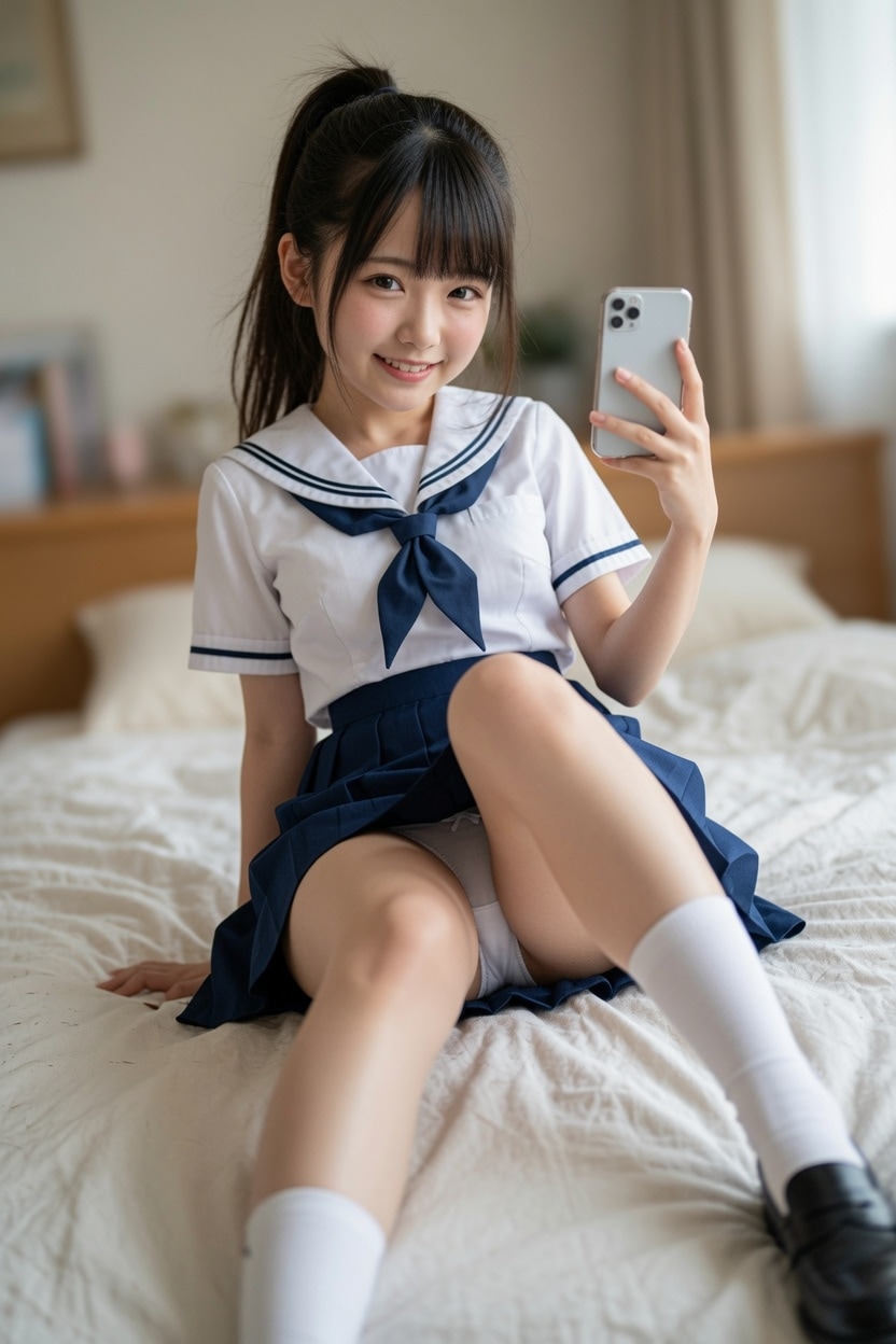 黒髪制服少女　無防備パンチラ