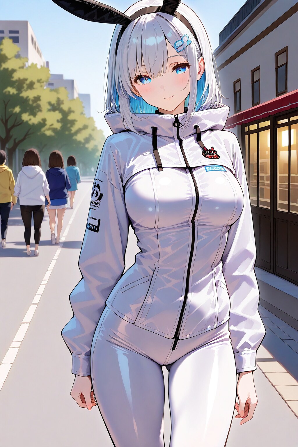 純白のキャットスーツと兎の耳を模したカチューシャを着けて街角で貴方を誘っている | の人気AIイラスト・グラビア