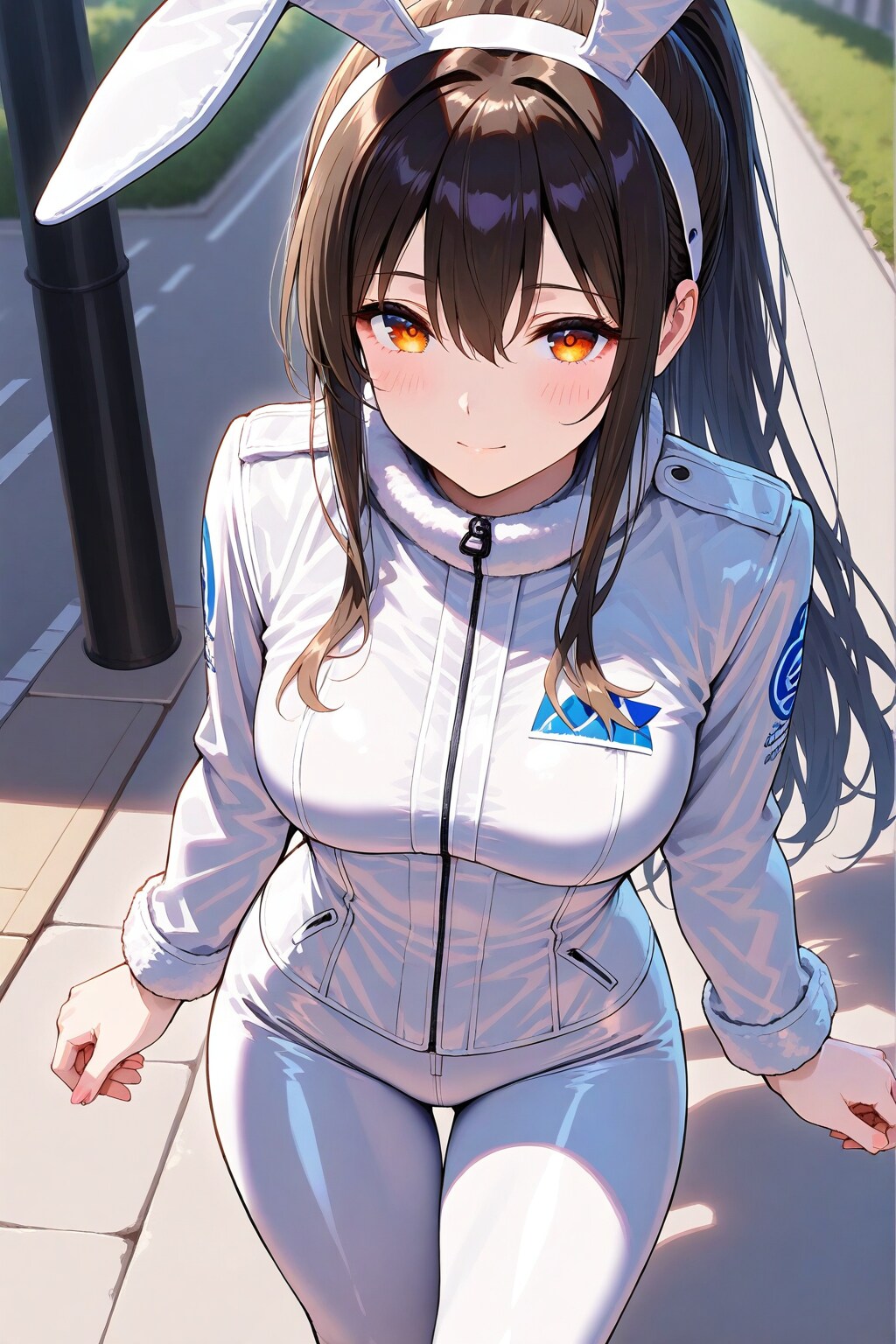 純白のキャットスーツと兎の耳を模したカチューシャを着けて街角で貴方を誘っている