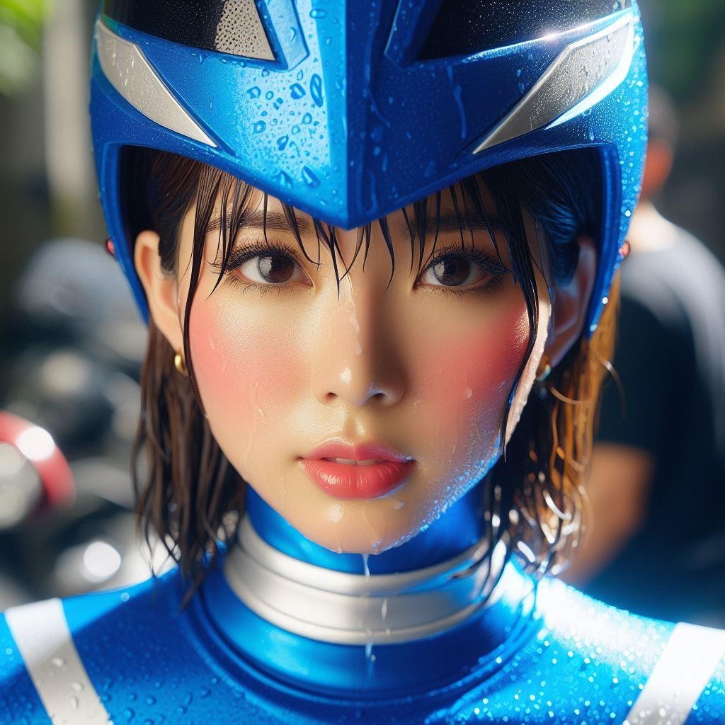 The heroine is beautiful as she sweats in the Super Sentai open mask.