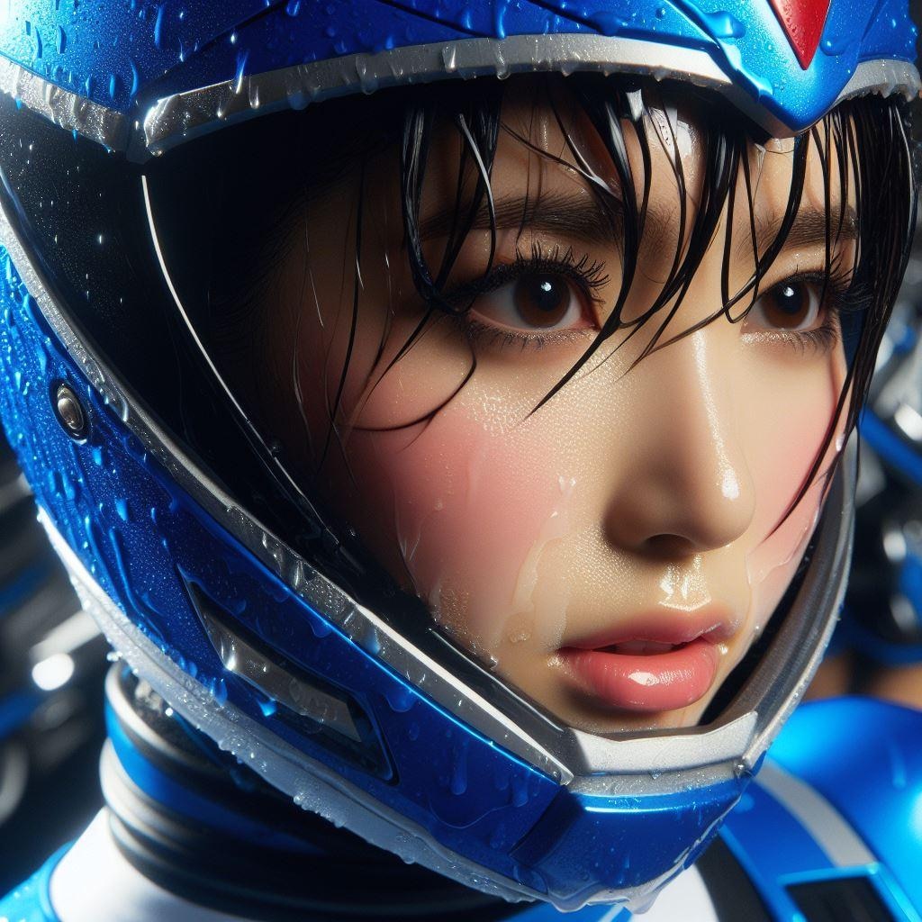 The heroine is beautiful as she sweats in the Super Sentai open mask.