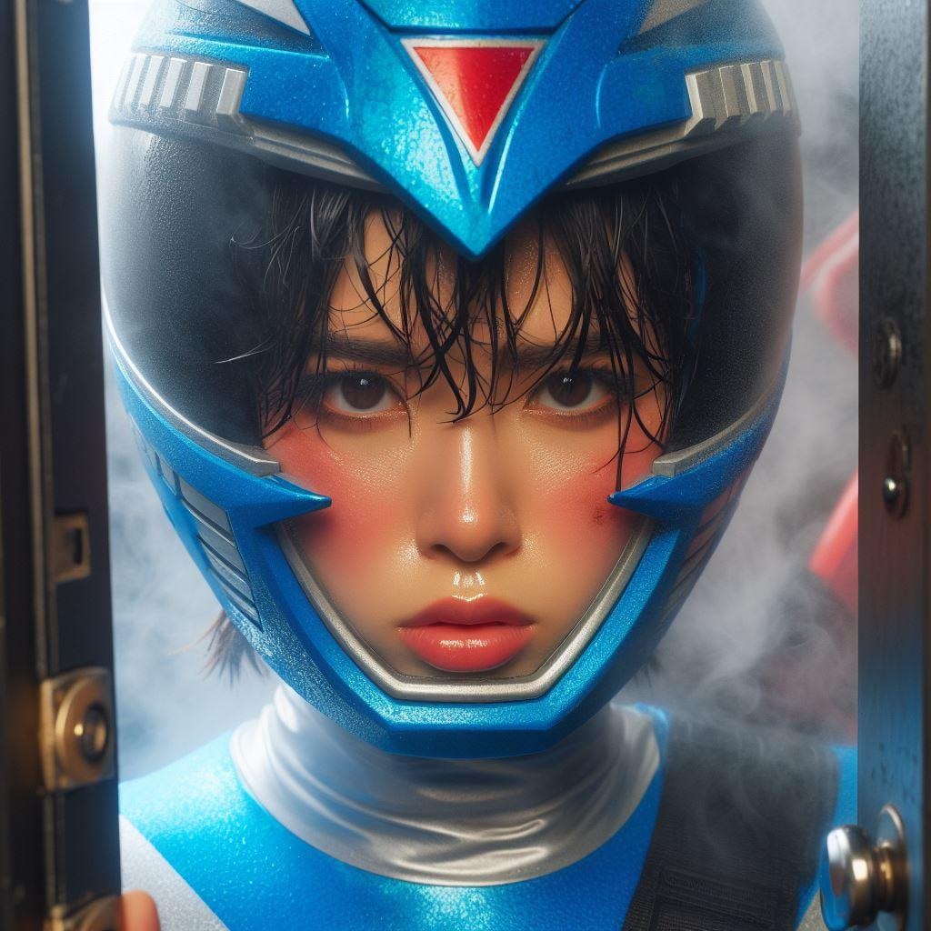 The heroine is beautiful as she sweats in the Super Sentai open mask.