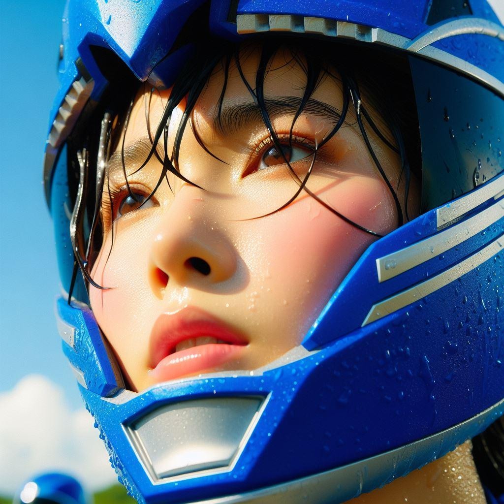The heroine is beautiful as she sweats in the Super Sentai open mask.