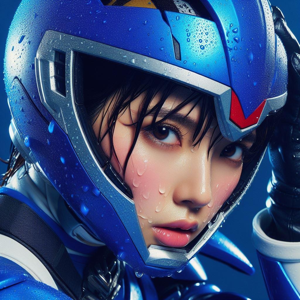 The heroine is beautiful as she sweats in the Super Sentai open mask.