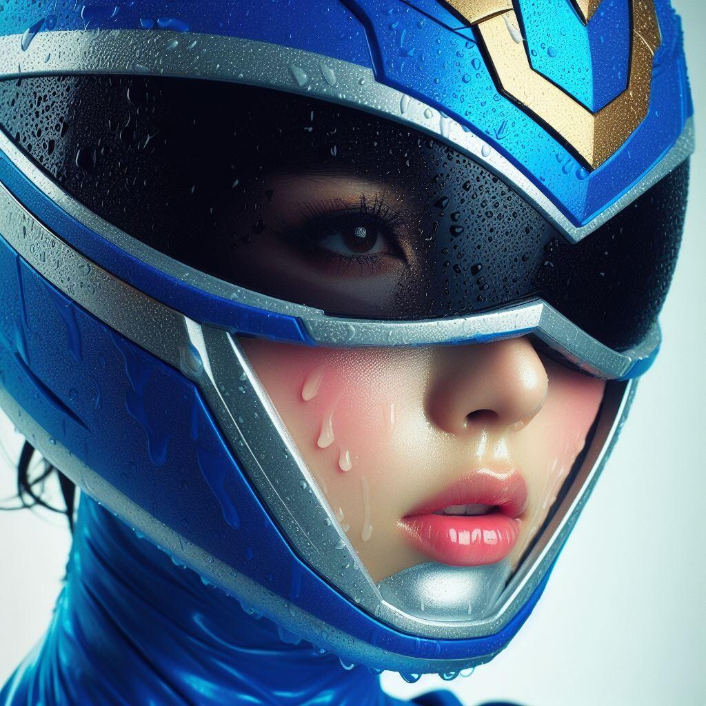 The heroine is beautiful as she sweats in the Super Sentai open mask.